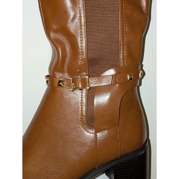TORGEIS Destiny Camel Riding Knee High Boots Studded Buckle Block Heel NEW - Picture 10 of 12